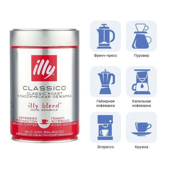 Кофе молотый ILLY Classico обжарка средняя 1 шт 0,2 кг